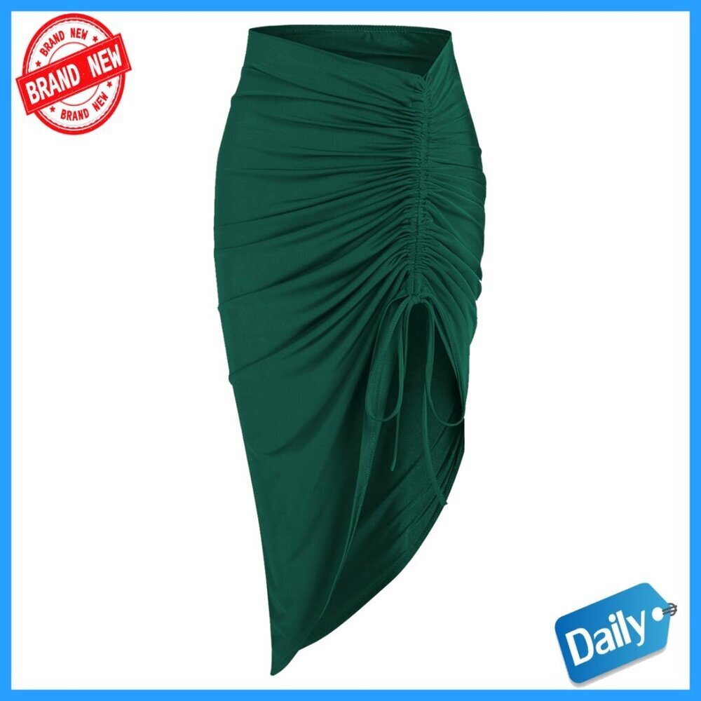 High Waist Asymmetrical Midi Skirt, Slim Fit, Drawstring, Ruched